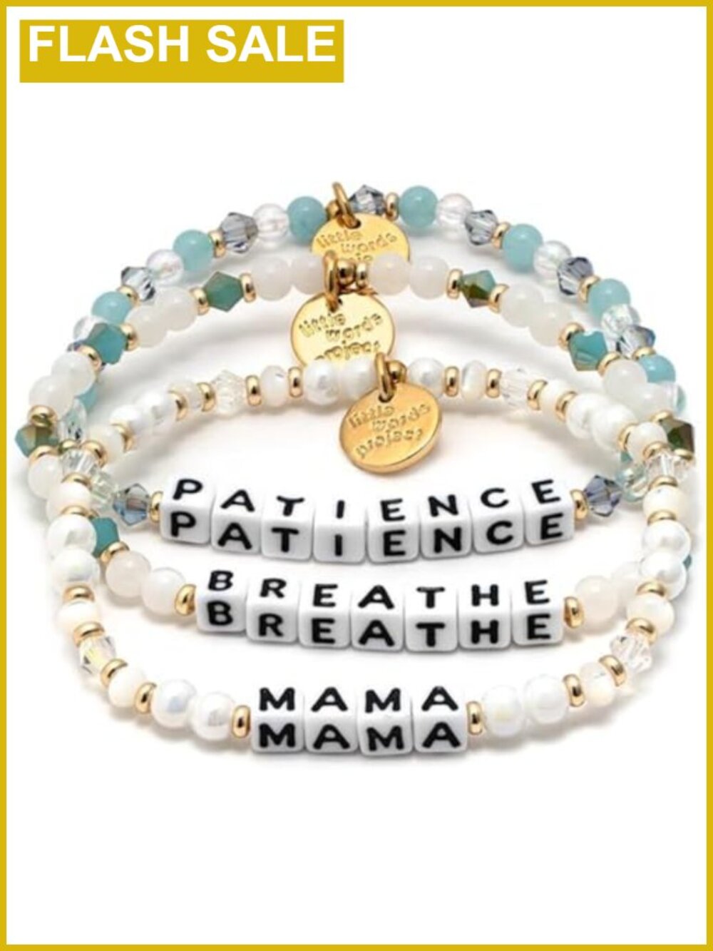 Set of 3 Inspirational Word Bracelets, Gold Plated Brass, Stretch Bead Stack,